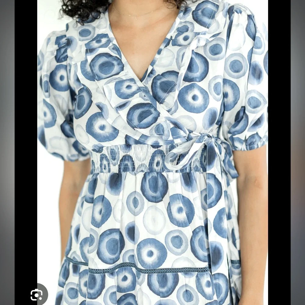 NWOT Marigold Blue and White Patterned Wrap Dress - Picture 2 of 10